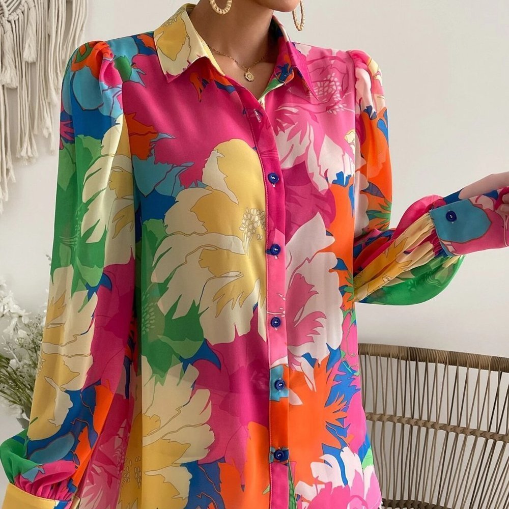 Pink Boho Womens Floral Print Puff Sleeve Shirt - Picture 3 of 5